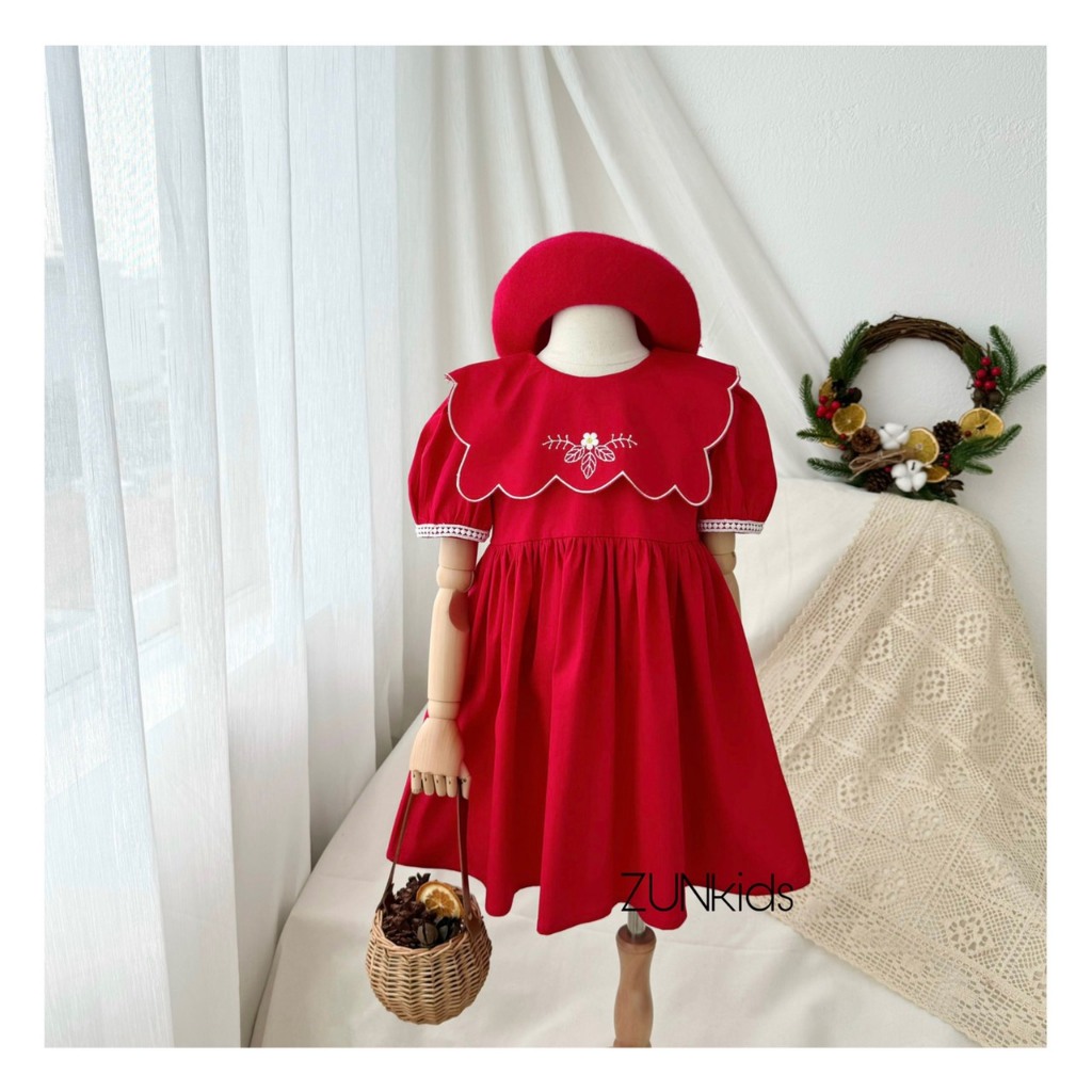 Váy lá cổ thêu Đỏ - ZUNKids