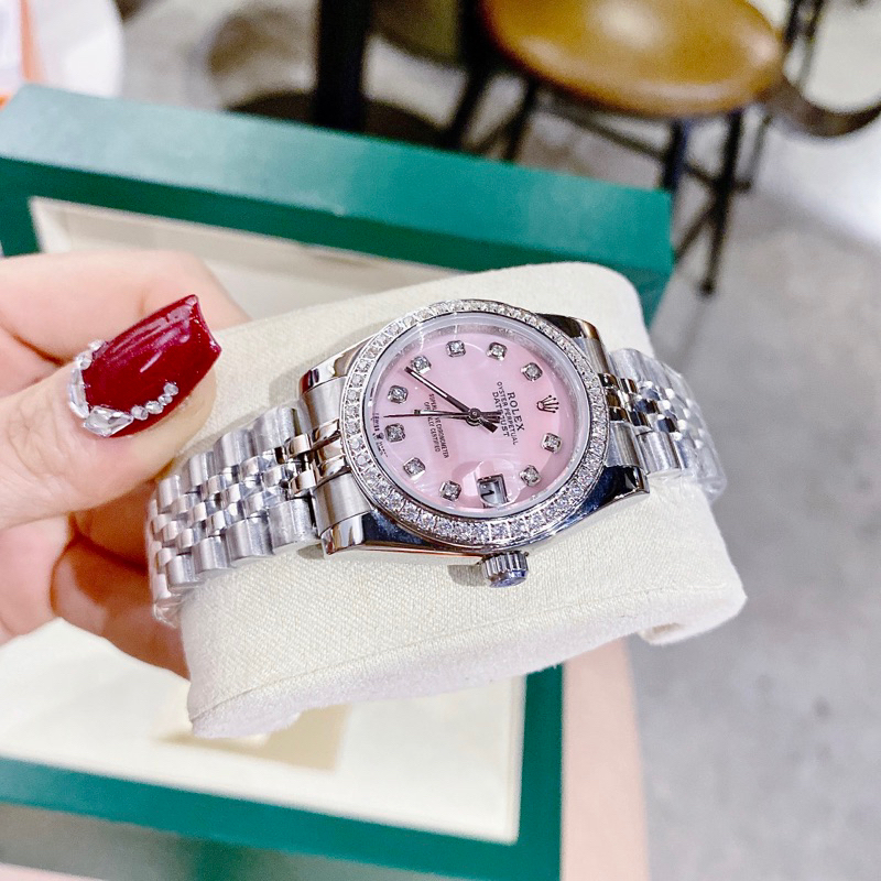 Đồng hồ nữ Rolex,mặt đính đá siz 31mm dây kim loại mặt hồng