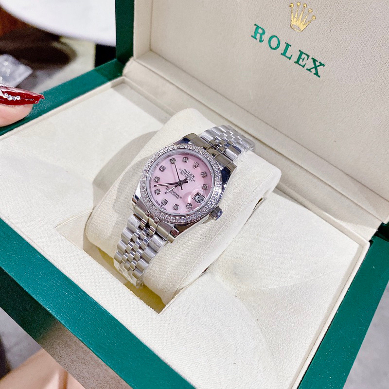 Đồng hồ nữ Rolex,mặt đính đá siz 31mm dây kim loại mặt hồng