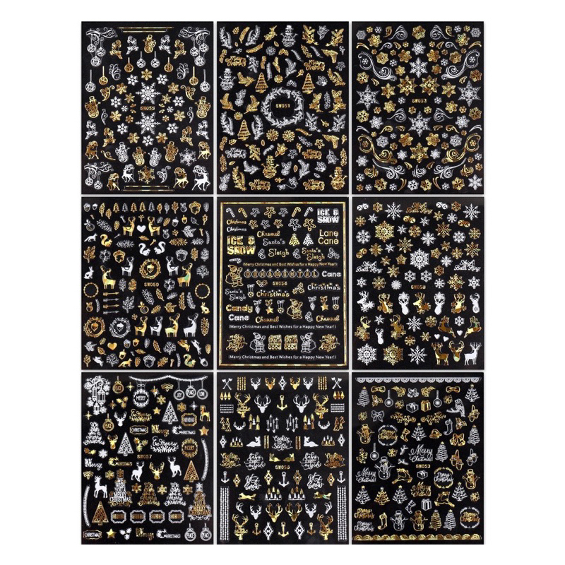 Sticker Noel dán móng nail bông tuyết Giáng sinh đỏ-Trắng vàng