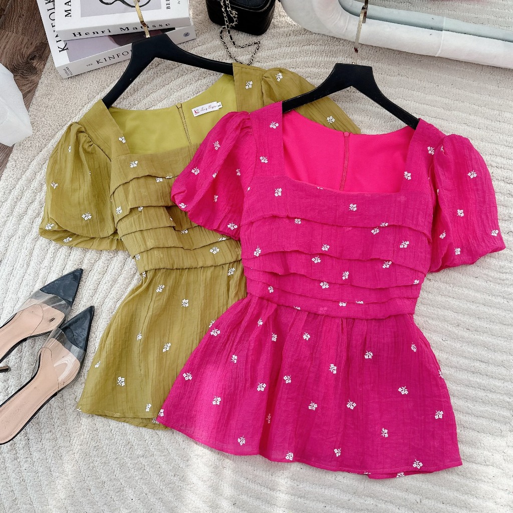 Áo bigsize nữ kiểu peplum hoa nhí cổ vuông xếp ly tay phồng dự tiệc đi chơi sang chảnh dành cho các nàng mập 50-90kg