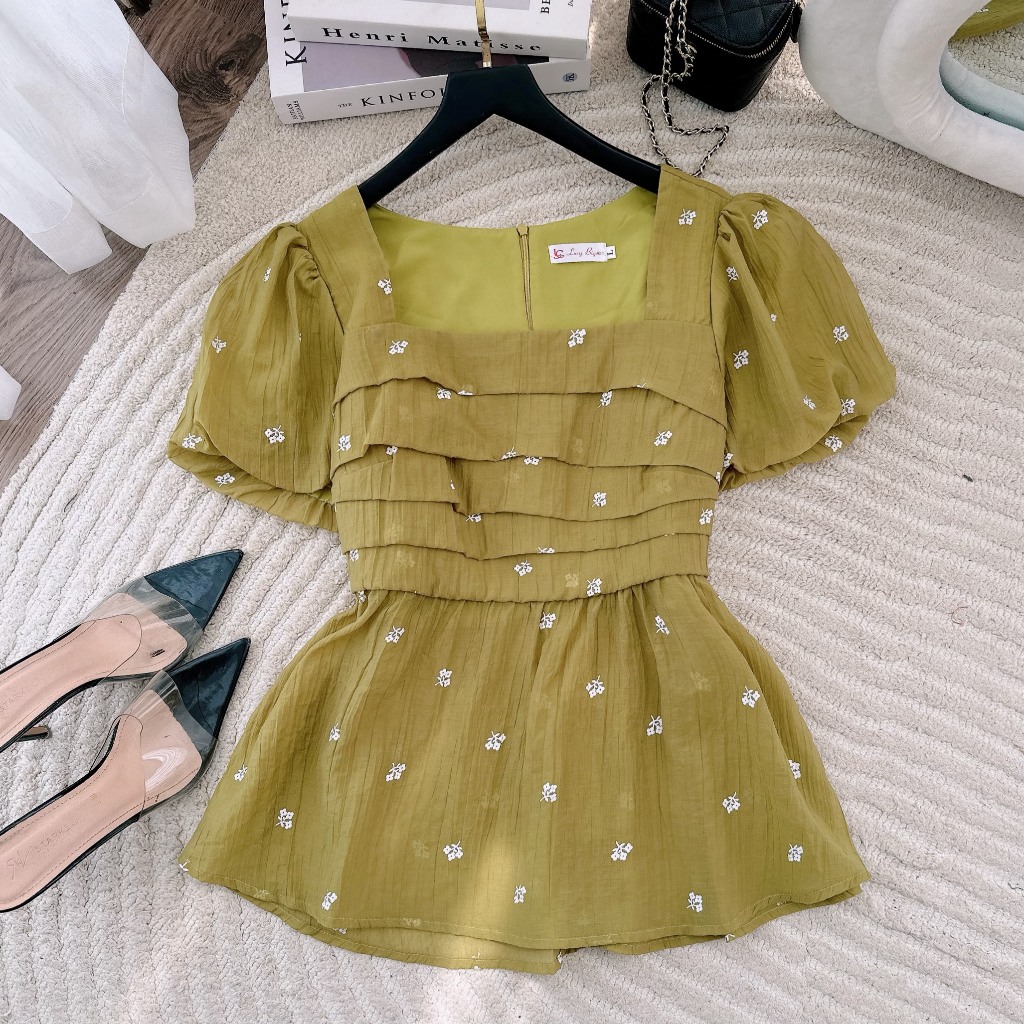 Áo bigsize nữ kiểu peplum hoa nhí cổ vuông xếp ly tay phồng dự tiệc đi chơi sang chảnh dành cho các nàng mập 50-90kg