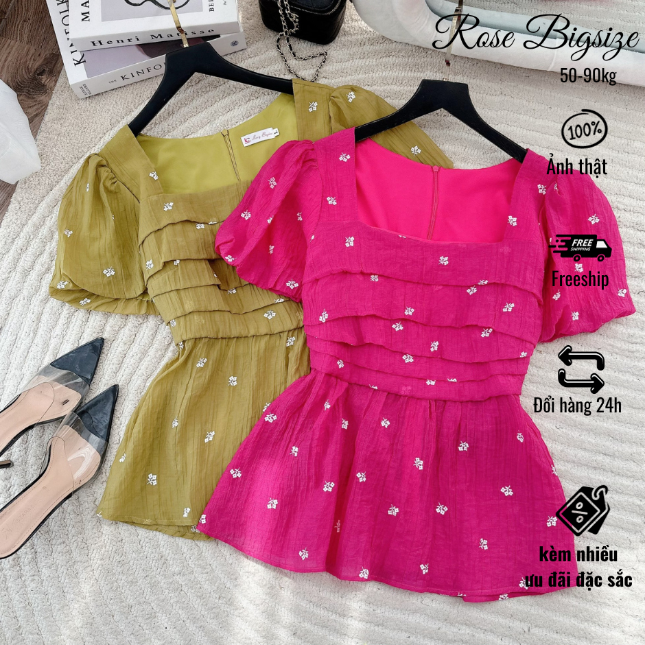 Áo bigsize nữ kiểu peplum hoa nhí cổ vuông xếp ly tay phồng dự tiệc đi chơi sang chảnh dành cho các nàng mập 50-90kg