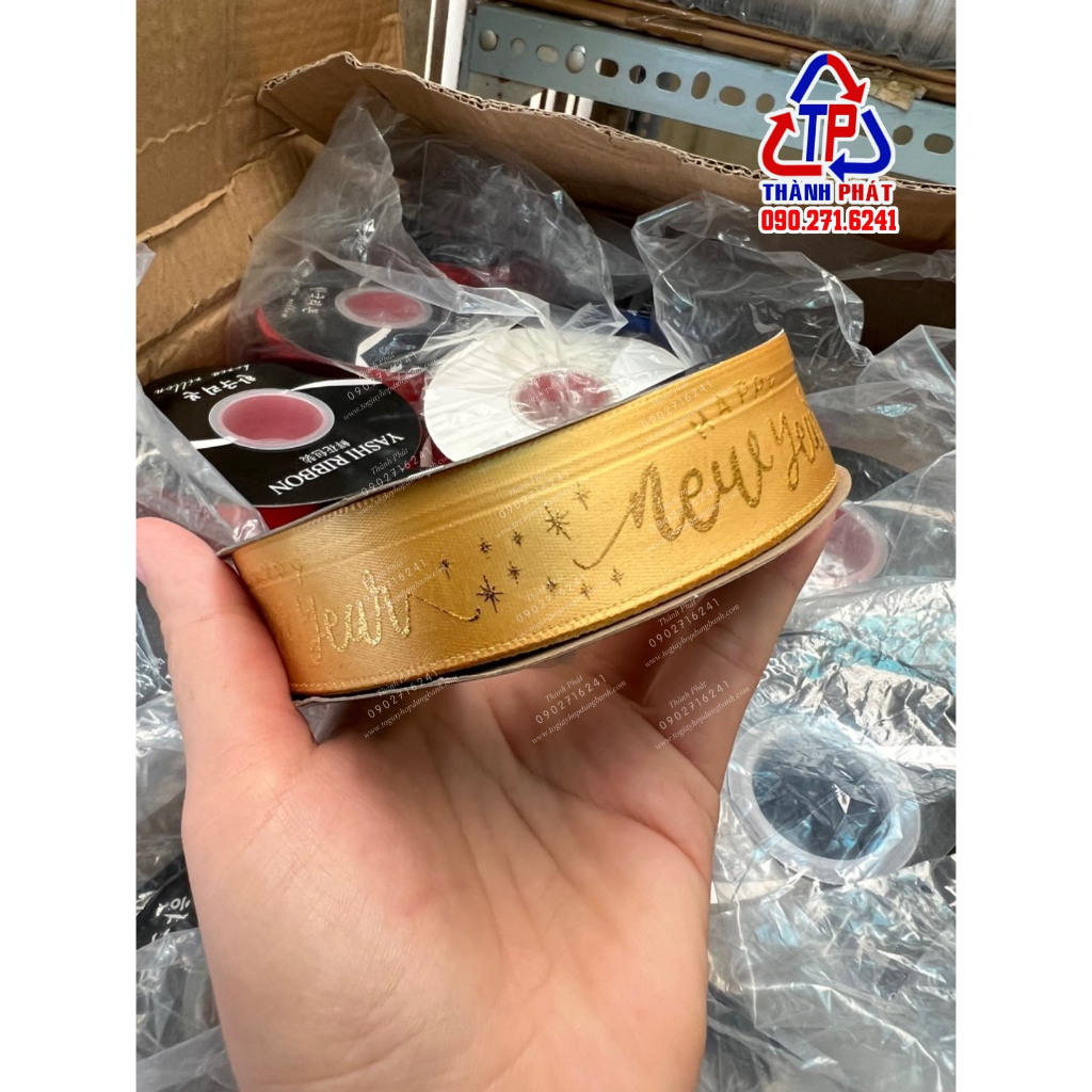 Ruy băng HAPPY NEW YEAR MẪU MỚI - ruy băng cột giỏ quà Tết 2024 - dây ruy băng trang trí tết làm cây ước nguyện