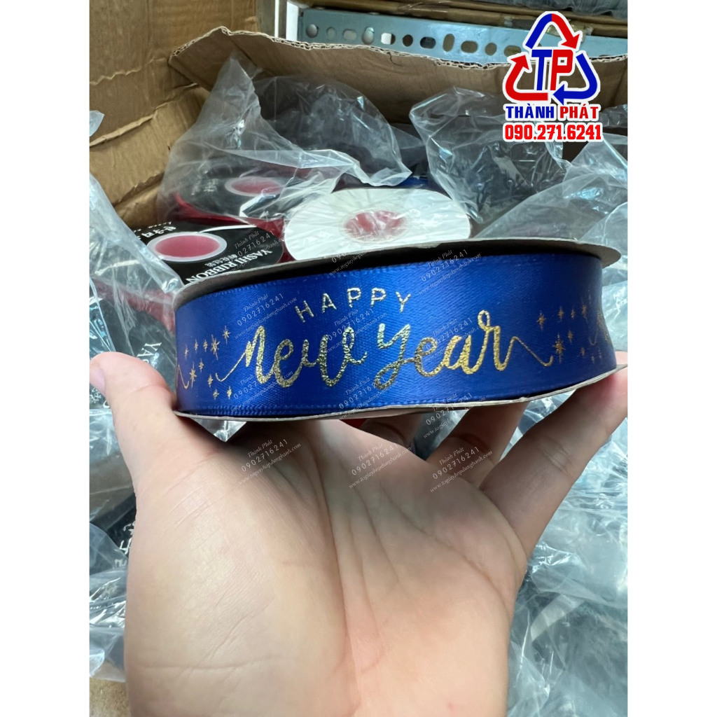 Ruy băng HAPPY NEW YEAR MẪU MỚI - ruy băng cột giỏ quà Tết 2024 - dây ruy băng trang trí tết làm cây ước nguyện