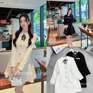 Váy đầm dạ tweed cao cấp thiết kế dài tay basic sang chảnh, đầm dạ tweed dáng ngắn xòe nơ cổ , cổ tròn thiết kế đi tiệc