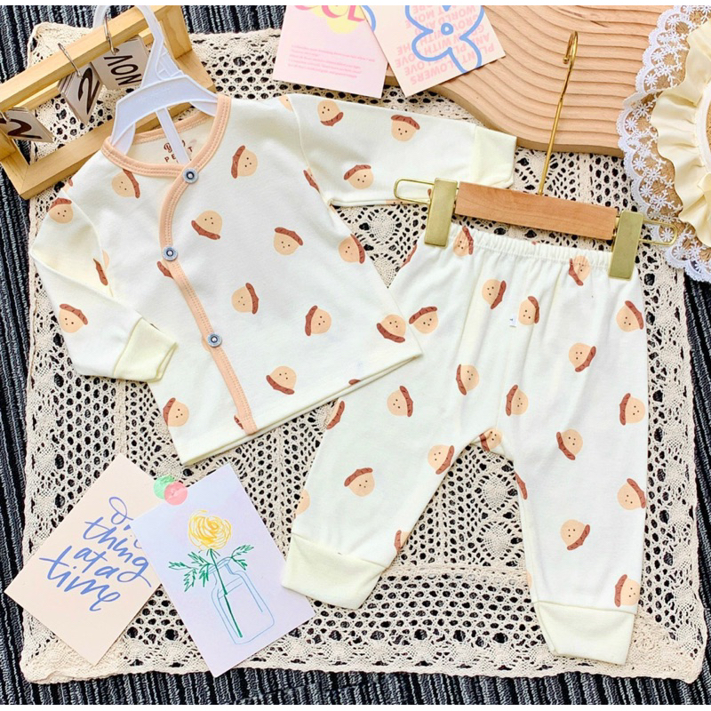 Bộ nỉ dài tay khuy chéo cho bé sơ sinh, Quần áo thu đông bé trai bé gái 0-9 months