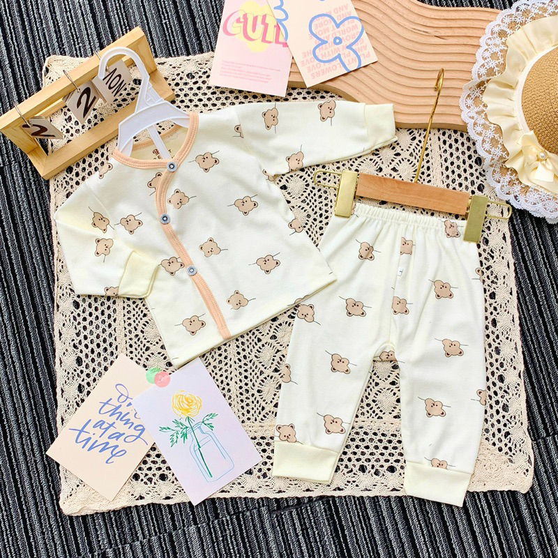 Bộ nỉ dài tay khuy chéo cho bé sơ sinh, Quần áo thu đông bé trai bé gái 0-9 months