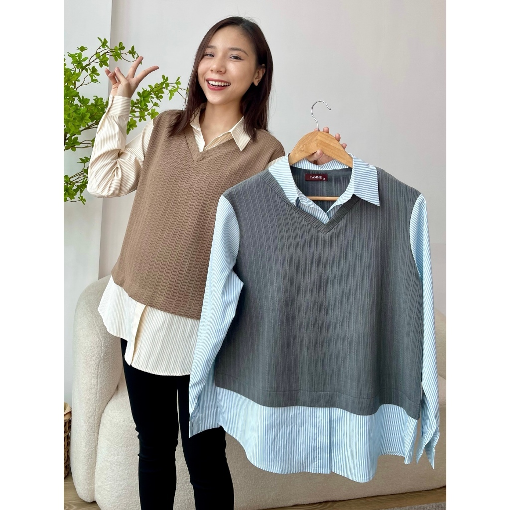 Áo bầu thu đông, Áo sơmi phối vải len dập nổi HASA SHIRT có khóa cho bé ti, phù hợp cho mẹ đi làm, đi chơi by L'amme