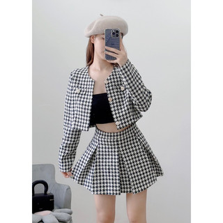 Set Áo Dạ Tweed Croptop Kèm Chân Váy 2 Màu Caro,Dày Dặn,Sang Chảnh 2023 ảnh thật