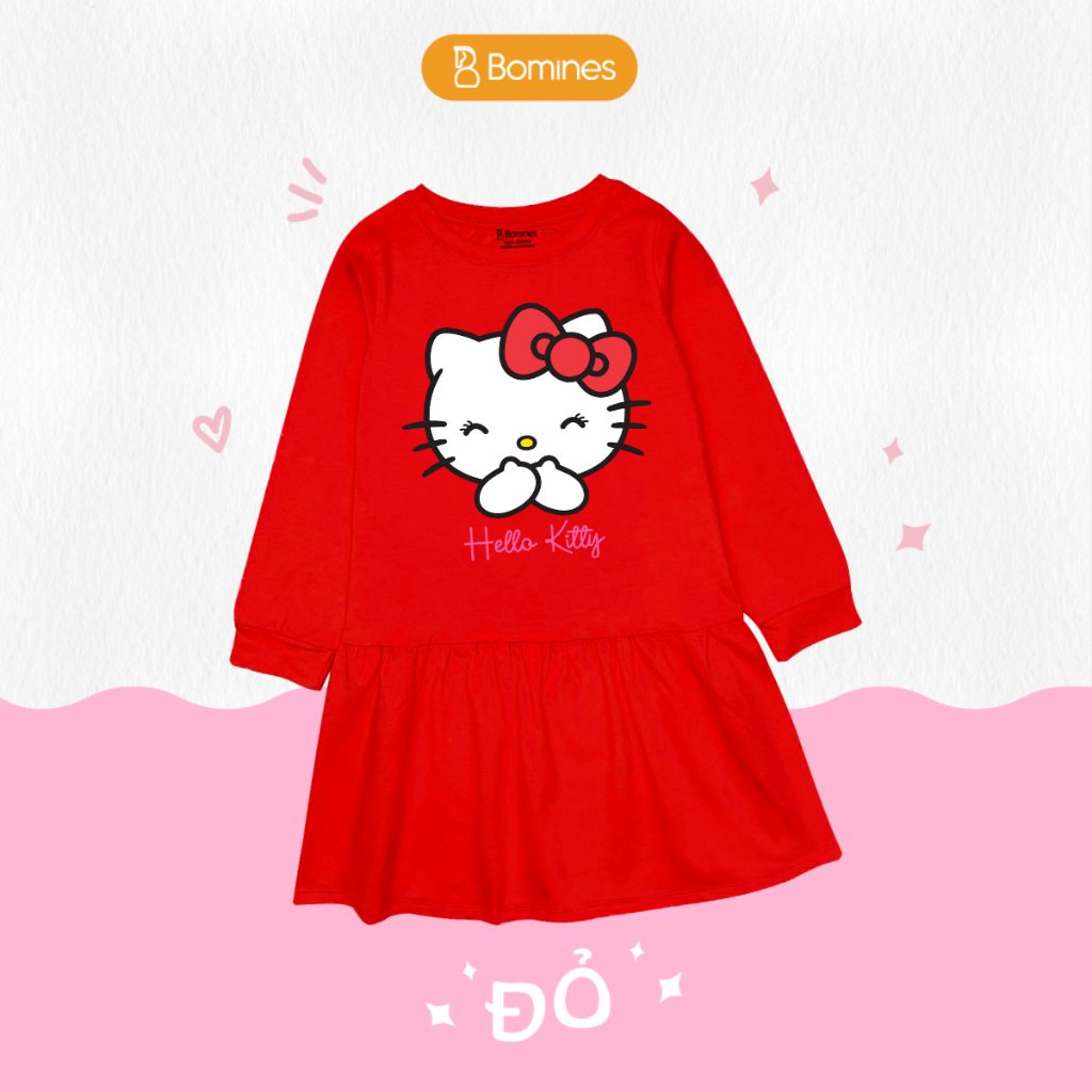 Váy bé gái mùa thu tay dài Hello Kitty BOMINES dễ thương, thun cotton cho bé gái 3- 12 tuổi, 12- 36kg DTDKITTYCUOI