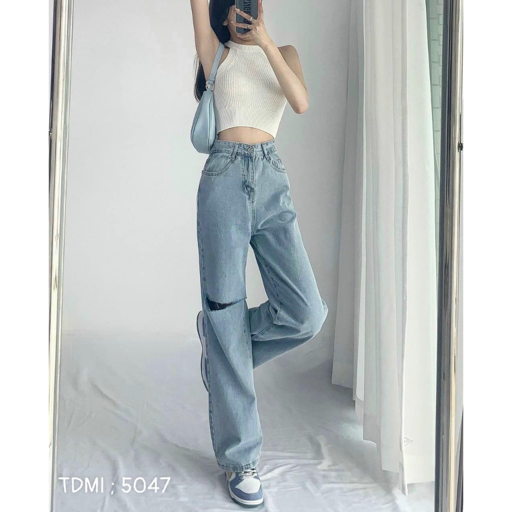 QUẦN JEANS ỐNG XUÔNG GẤP LAI DÁNG DÀI CHẤM GÓT