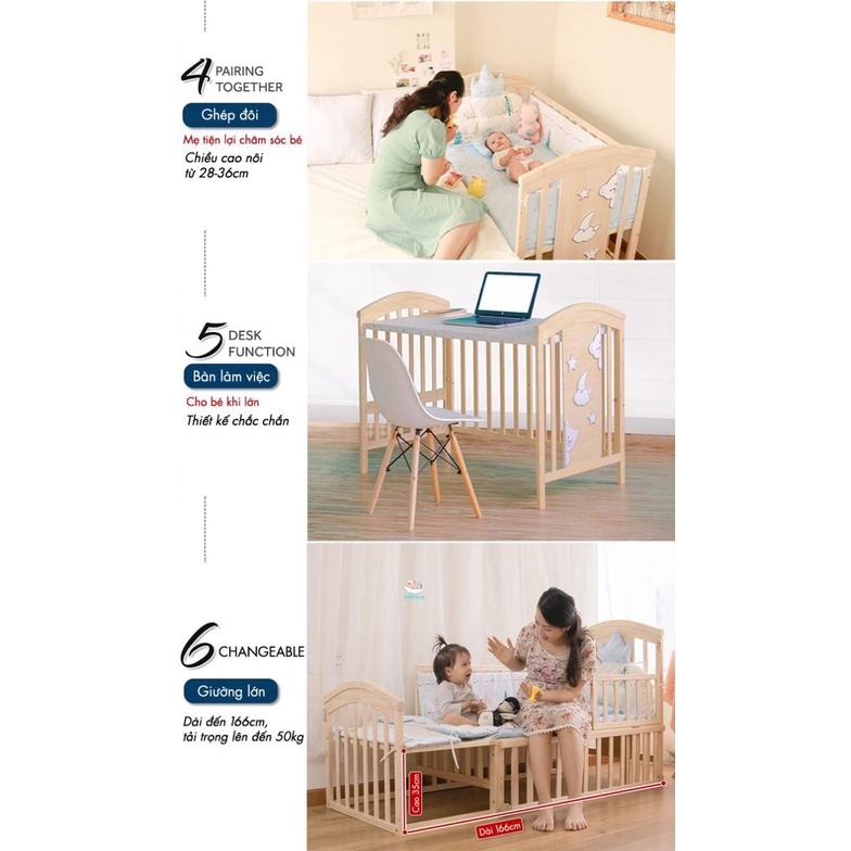 Giường cho trẻ sơ sinh - Nôi ngủ có lan can bảo vệ - Cũi gỗ trẻ sơ sinh giường 2 tầng đa năng gỗ thông