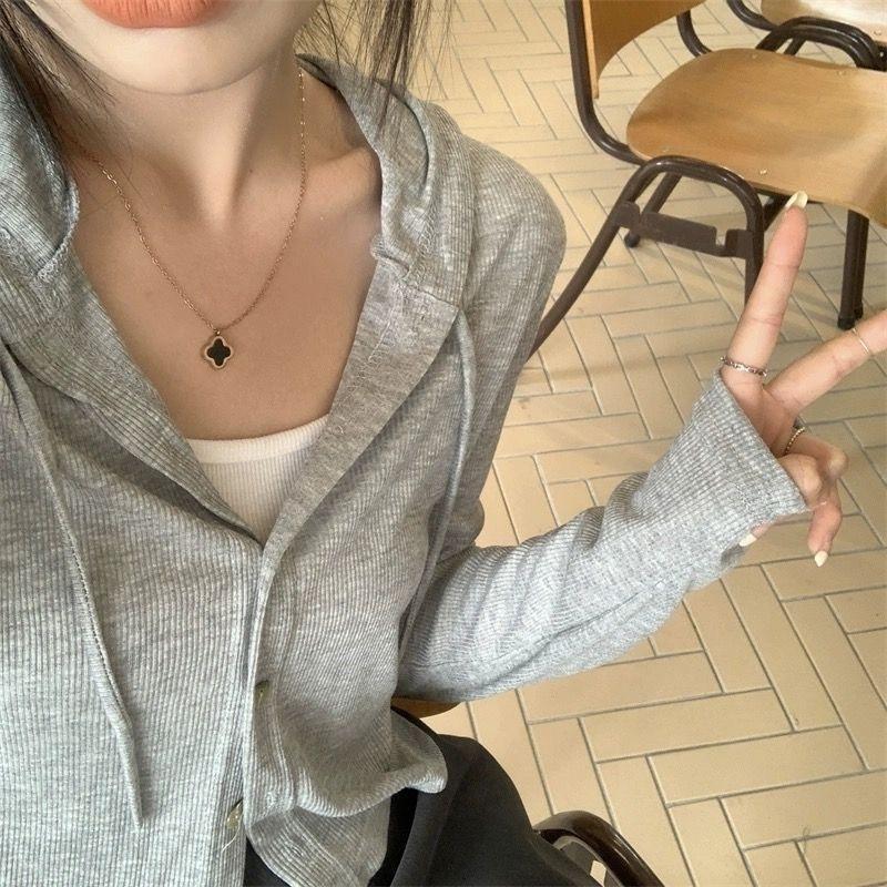 Áo khoác mũ tăm phối dây cài cúc nữ dài tay Áo Cardigan kiểu dáng ngắn bánh bèo tiểu thư form xinh VIETSTAR