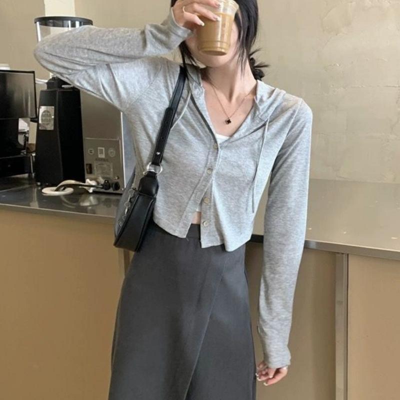 Áo khoác mũ tăm phối dây cài cúc nữ dài tay Áo Cardigan kiểu dáng ngắn bánh bèo tiểu thư form xinh VIETSTAR