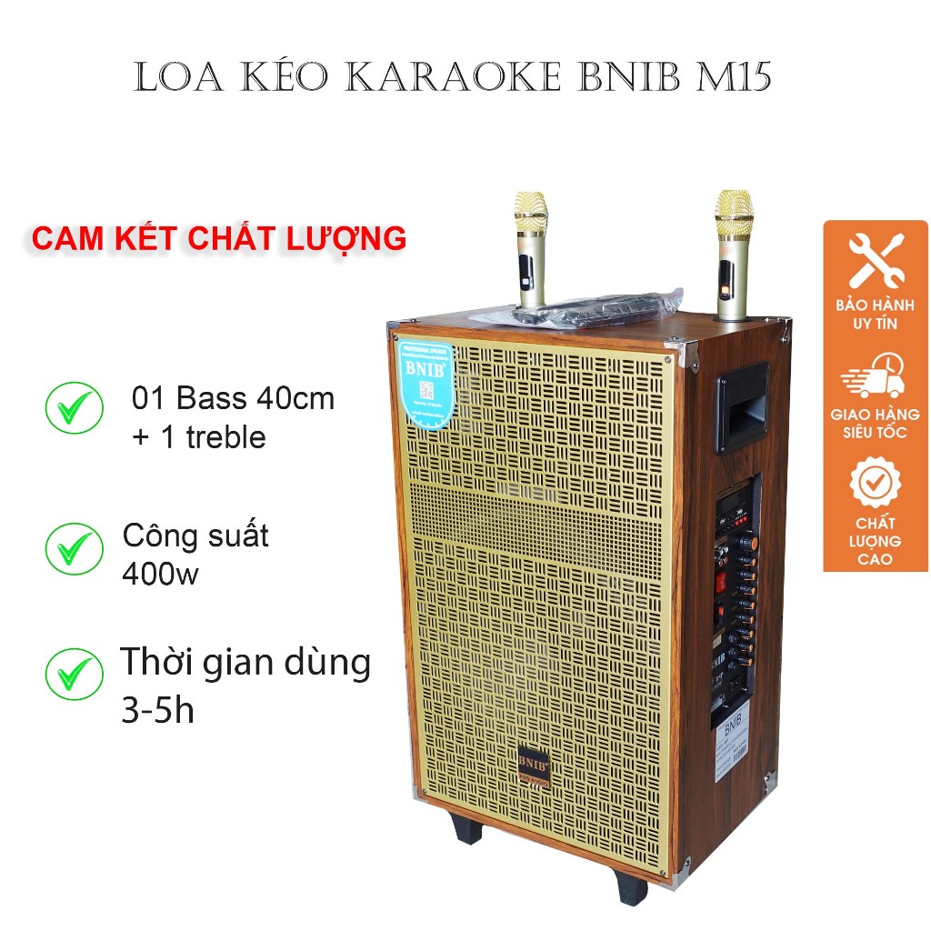 Loa Kéo Bass 40 BNIB M15 Vỏ Gỗ Kèm 2 Tay Micro Không Dây UHF, Chất Âm Hay Chất Lượng