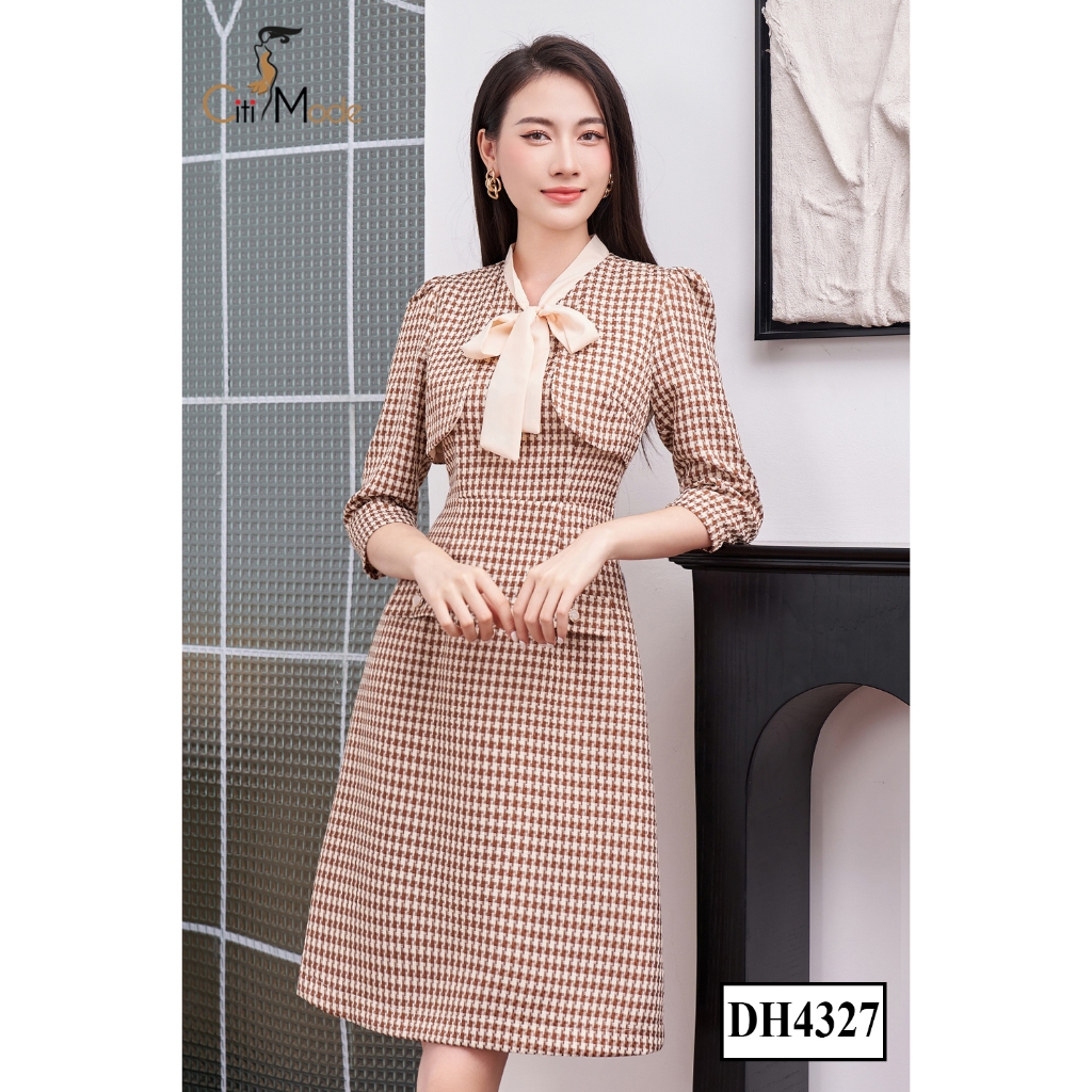 Đầm công sở CITI MODE FASHION thiết kế dáng A kẻ nanh sói nâu phối cổ nơ DH4327