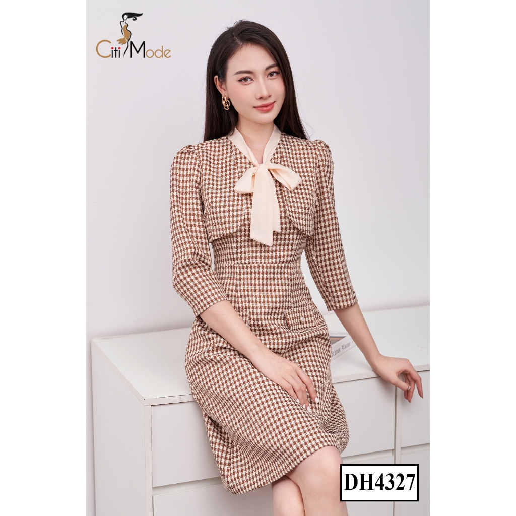 Đầm công sở CITI MODE FASHION thiết kế dáng A kẻ nanh sói nâu phối cổ nơ DH4327