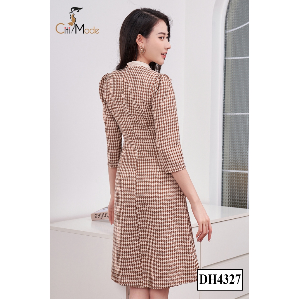 Đầm công sở CITI MODE FASHION thiết kế dáng A kẻ nanh sói nâu phối cổ nơ DH4327