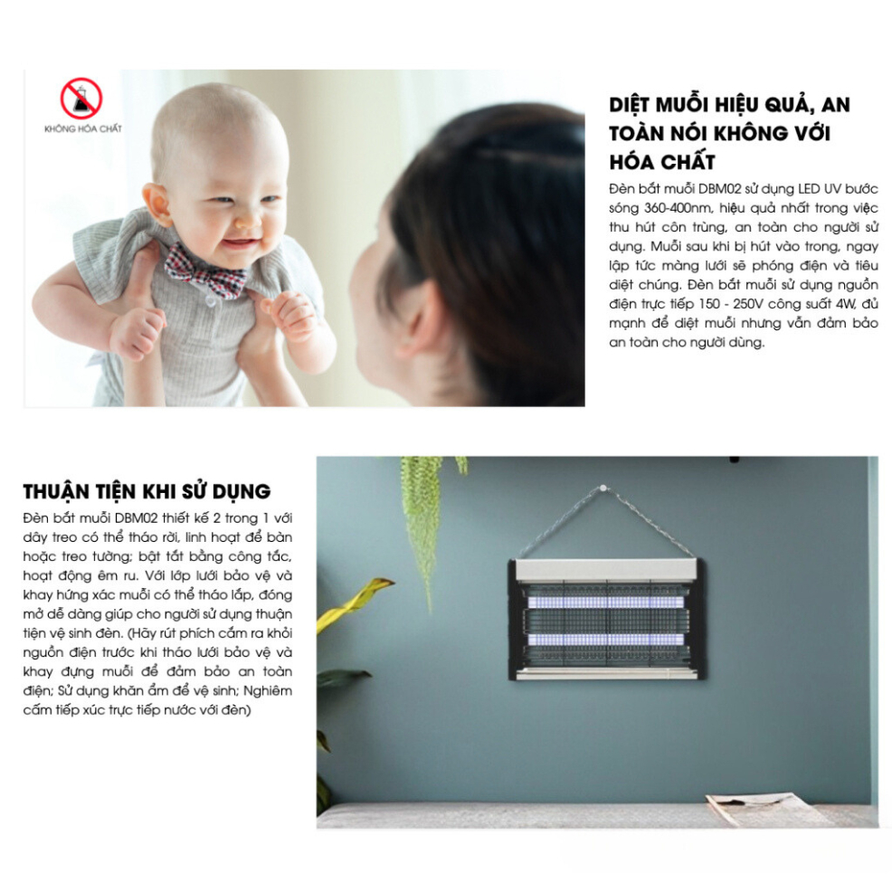 Đèn bắt muỗi thông minh Rạng Đông DBM02 500x250/4W-DBM02 400x250/4W, Thu hút muỗi không sử dụng hoá chất, BH 12 tháng