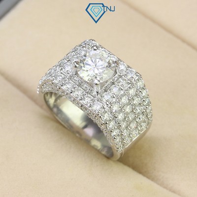 Nhẫn bạc nam đính full Moissanite viên chủ size 7.5 ly xi bạch kim kèm thẻ tra cứu đá NNAM0066 - Trang Sức TNJ