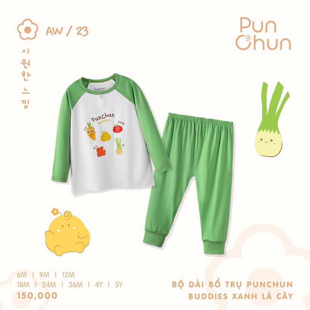 [CHÍNH HÃNG] Bộ quần áo trẻ em dài tay cotton thu đông cổ tròn/trụ họa tiết Buddies Punchun