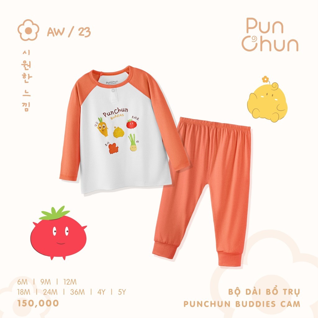 [CHÍNH HÃNG] Bộ quần áo trẻ em dài tay cotton thu đông cổ tròn/trụ họa tiết Buddies Punchun