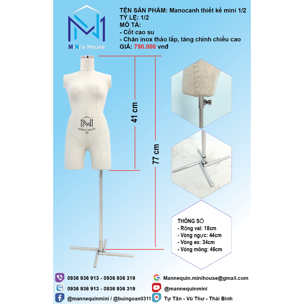 Manocanh thiết kế mini size 1/2 - tách đùi ( tặng kèm rập đầm cơ bản tỷ lệ 1/2)