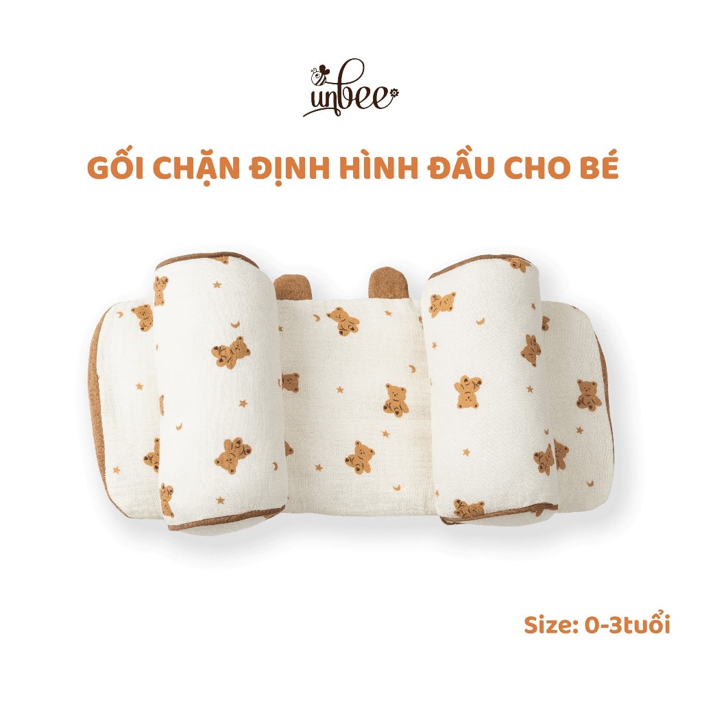 Gối Chặn Định Hình Đầu Dáng Tai Gấu Cao Cấp Unbee Chất Xô Muslin Hàn Quốc Cho Bé Sơ Sinh Chống Méo Đầu Bẹp Đầu
