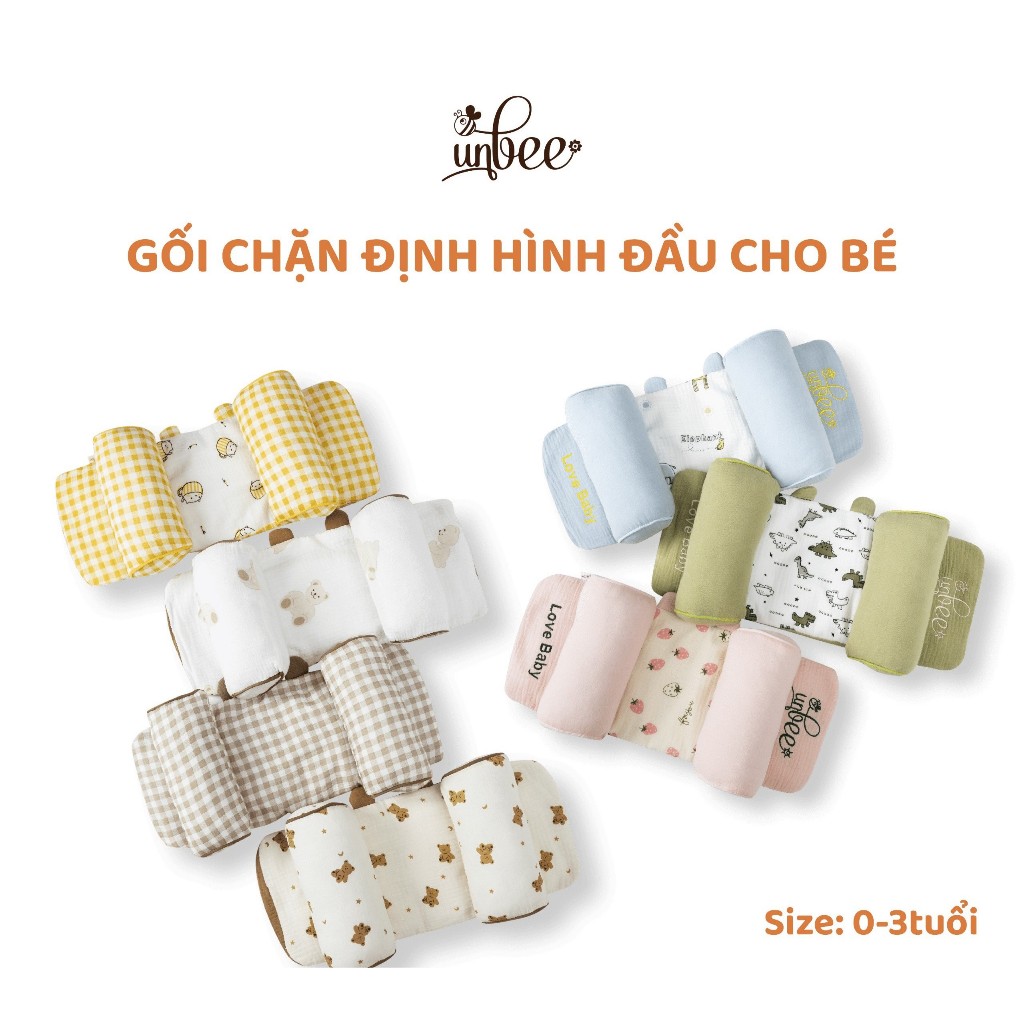 Gối Chặn Định Hình Đầu Dáng Tai Gấu Cao Cấp Unbee Chất Xô Muslin Hàn Quốc Cho Bé Sơ Sinh Chống Méo Đầu Bẹp Đầu