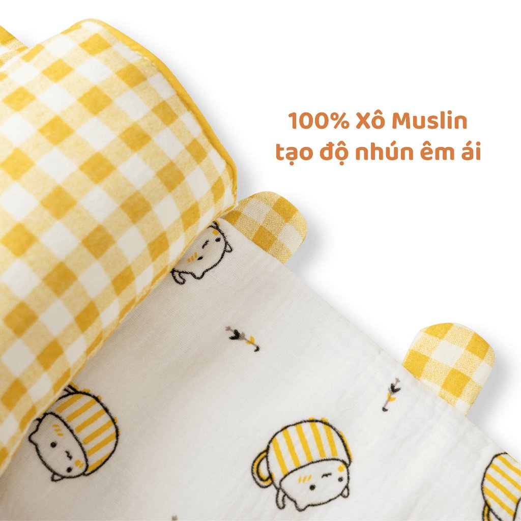 Gối Chặn Định Hình Đầu Dáng Tai Gấu Cao Cấp Unbee Chất Xô Muslin Hàn Quốc Cho Bé Sơ Sinh Chống Méo Đầu Bẹp Đầu