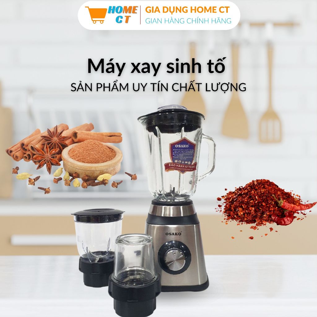 Máy xay sinh tố đa năng 3 cối thủy tinh Osako ST-03 công suất 450W, máy xay thịt cá, các loại hạt, gia vị - HOME CT