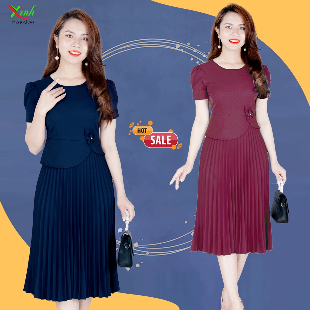 Đầm Dập Ly Kèm Hoa Cài Trẻ Trung Hiện Đại DL897-DL898-DL899