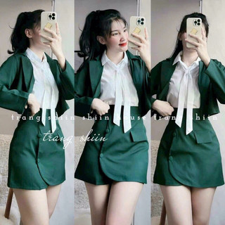 Set Ba món áo sơ mi dây cột cổ kèm khoác ngoài phối chân váy chữ A