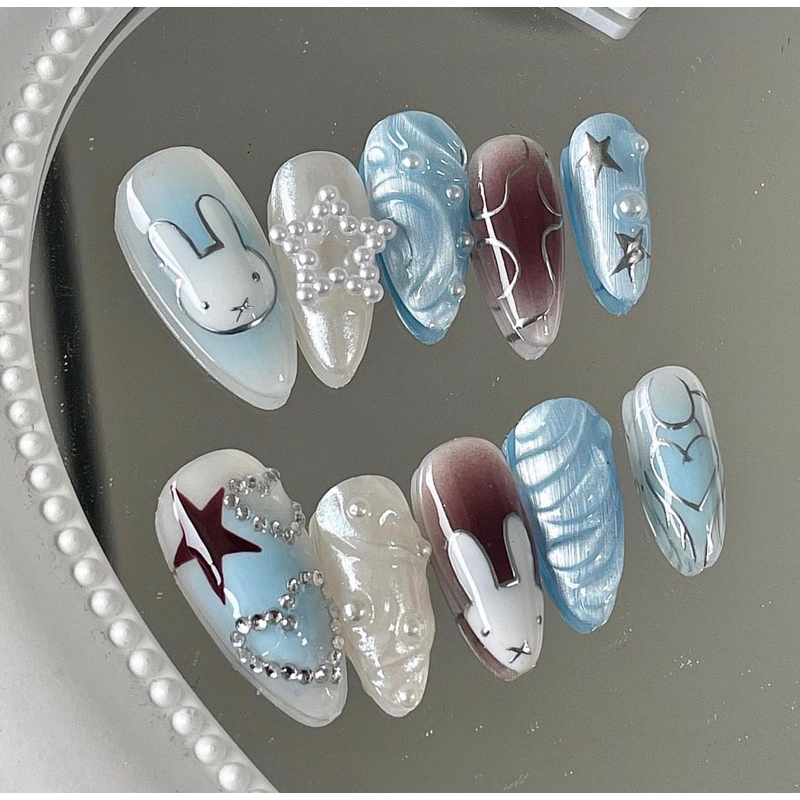 Nailbox móng giả hoạ tiết thỏ trắng Miffy xanh nâu