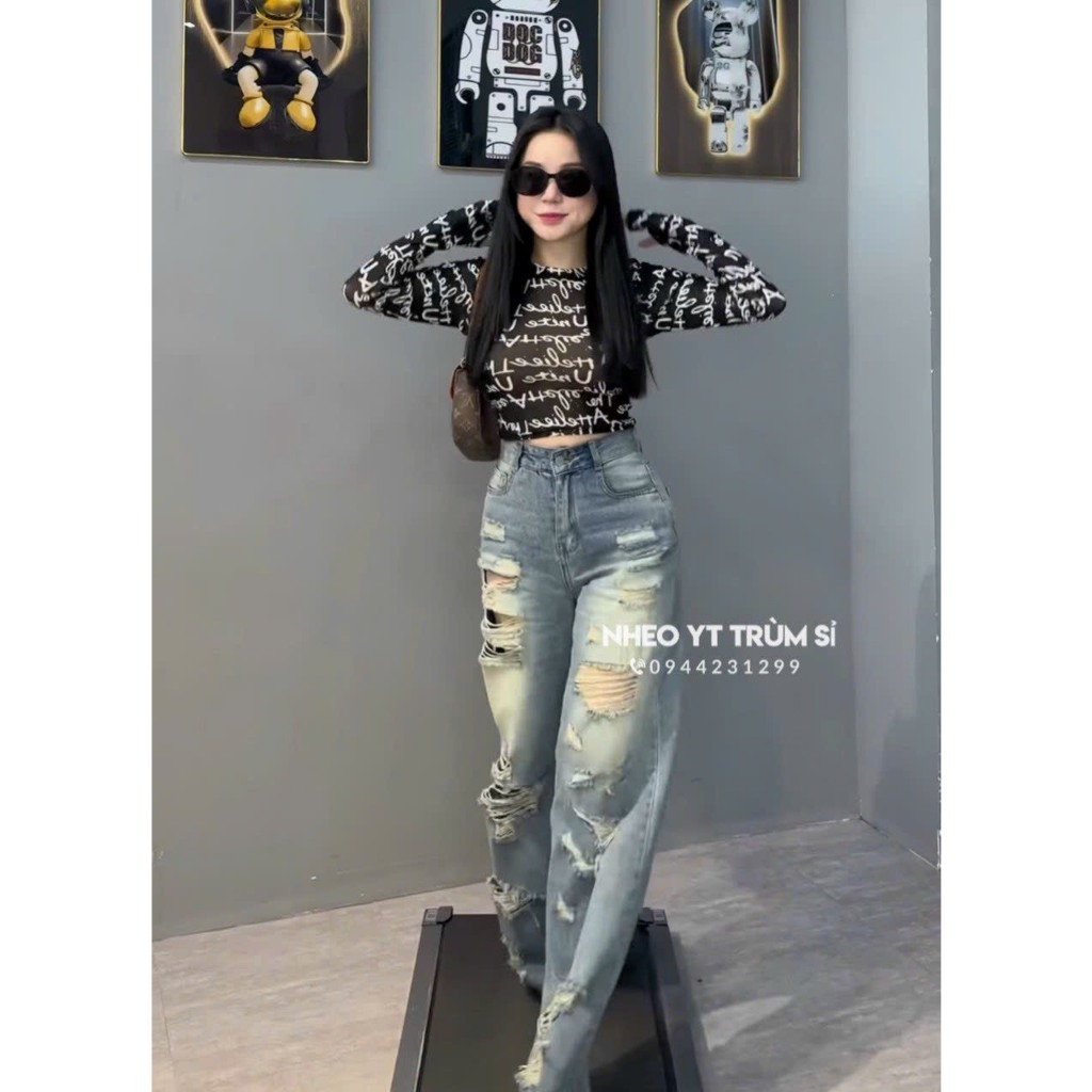 Áo thun lưới nữ họa tiết chữ nhũ tay dài cổ tròn dáng ngắn thời trang quyến rũ cho nữ