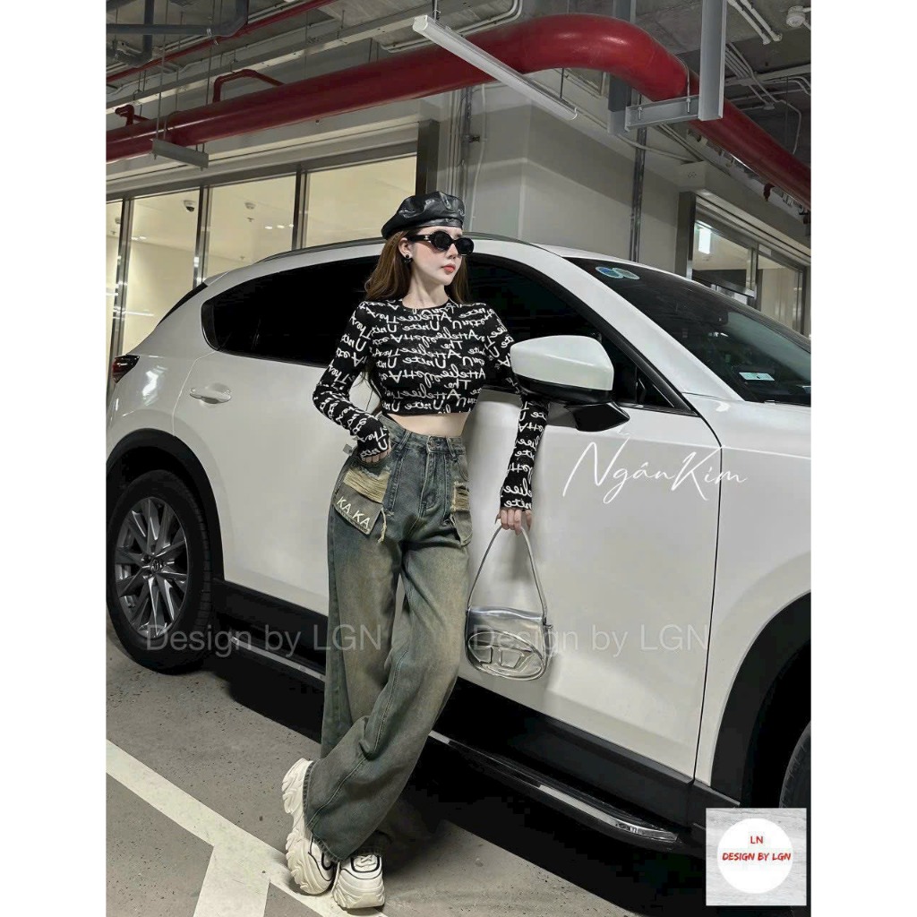 Áo thun lưới nữ họa tiết chữ nhũ tay dài cổ tròn dáng ngắn thời trang quyến rũ cho nữ