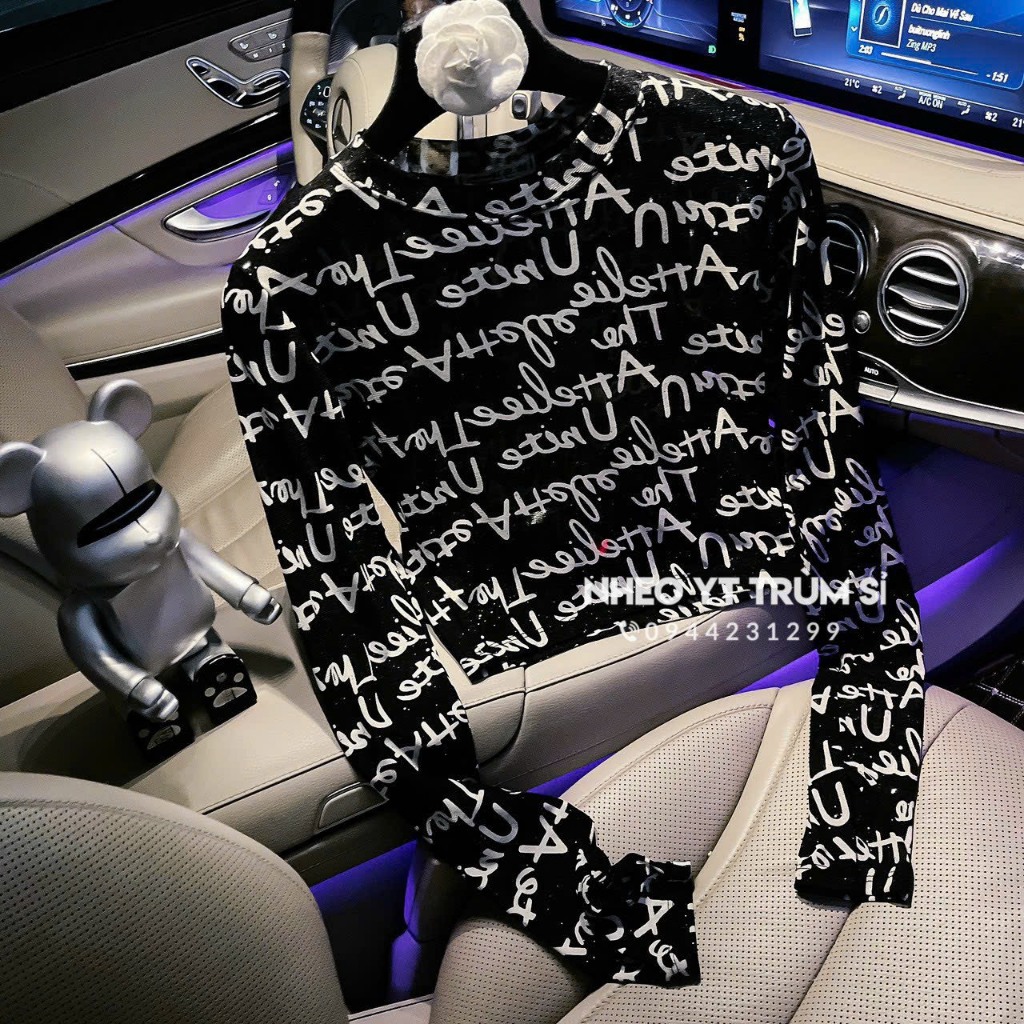 Áo thun lưới nữ họa tiết chữ nhũ tay dài cổ tròn dáng ngắn thời trang quyến rũ cho nữ