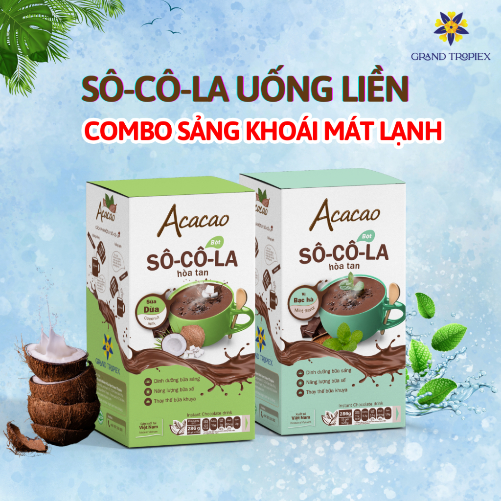 Combo 2 hộp bột Sô Cô La VỊ BẠC HÀ và SỮA DỪA sản khoái mát lạnh PHÒNG NGỪA THIẾU MÁU [Acacao]