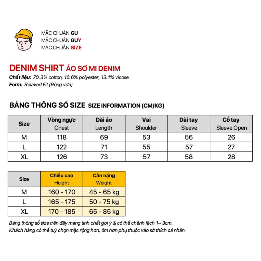 Áo Sơ Mi Denim Shirt GUY's Closet, Thiết kế trẻ trung, hiện đại, Chất liệu dày dặn, Nhiều màu