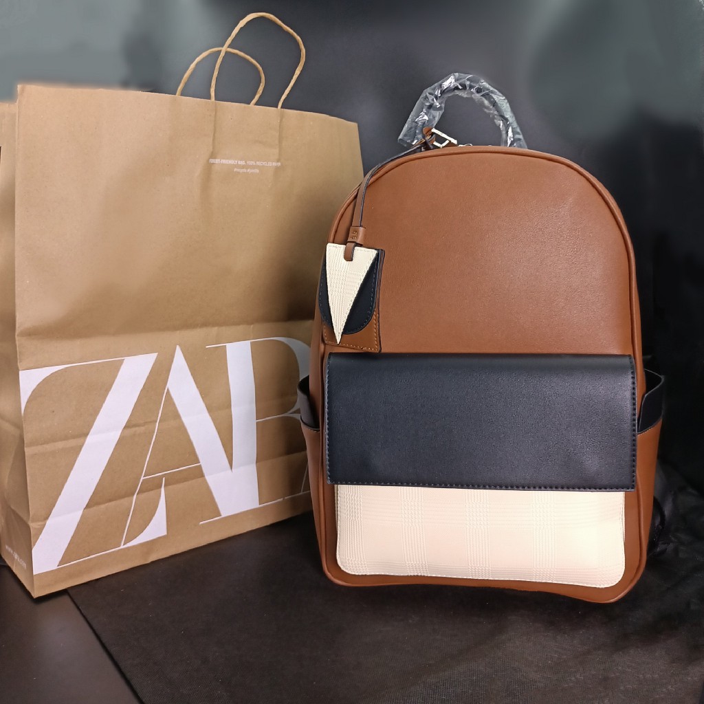 Balo da nam unisex Zara phom cứng màu nâu phối lạ mắt thời trang size to vừa laptop 16 inch