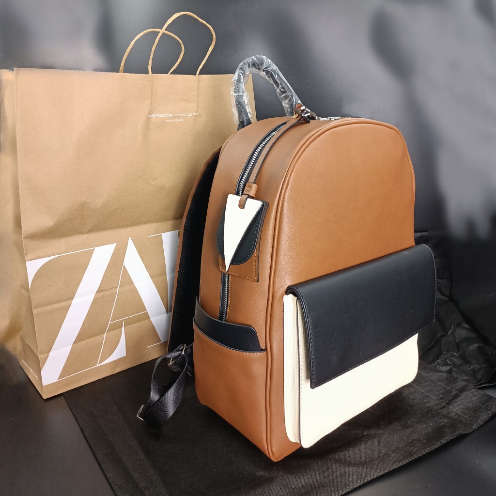 Balo da nam unisex Zara phom cứng màu nâu phối lạ mắt thời trang size to vừa laptop 16 inch
