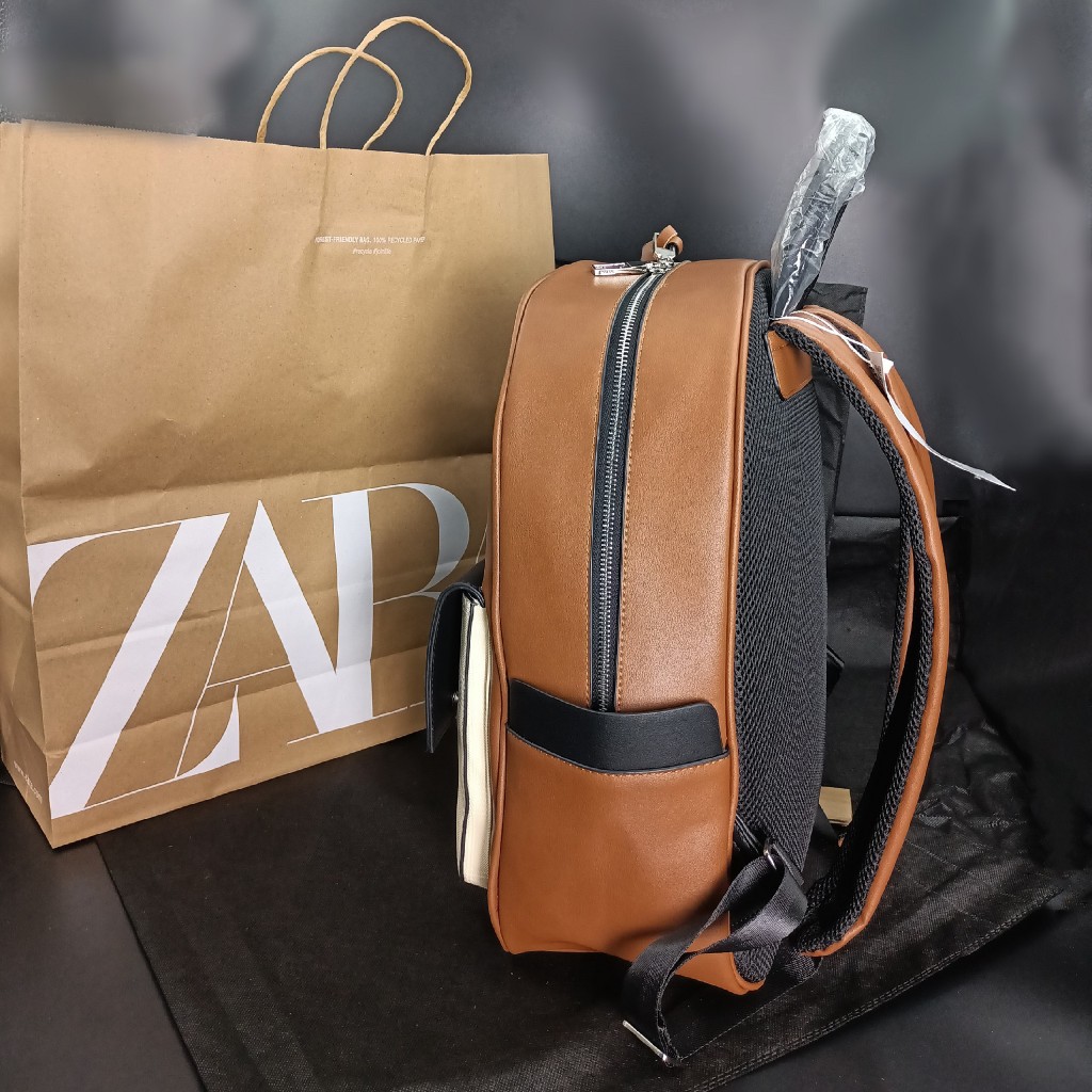 Balo da nam unisex Zara phom cứng màu nâu phối lạ mắt thời trang size to vừa laptop 16 inch