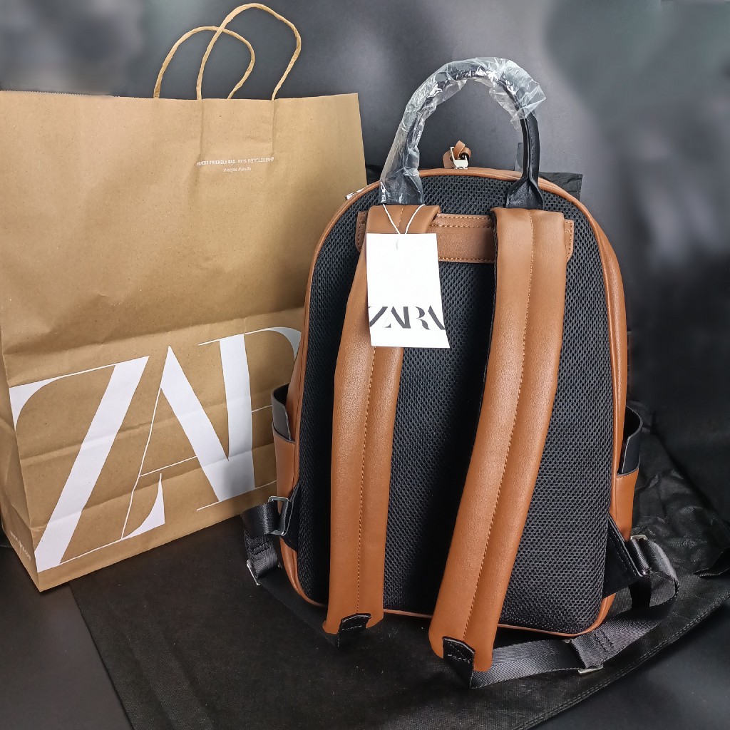 Balo da nam unisex Zara phom cứng màu nâu phối lạ mắt thời trang size to vừa laptop 16 inch