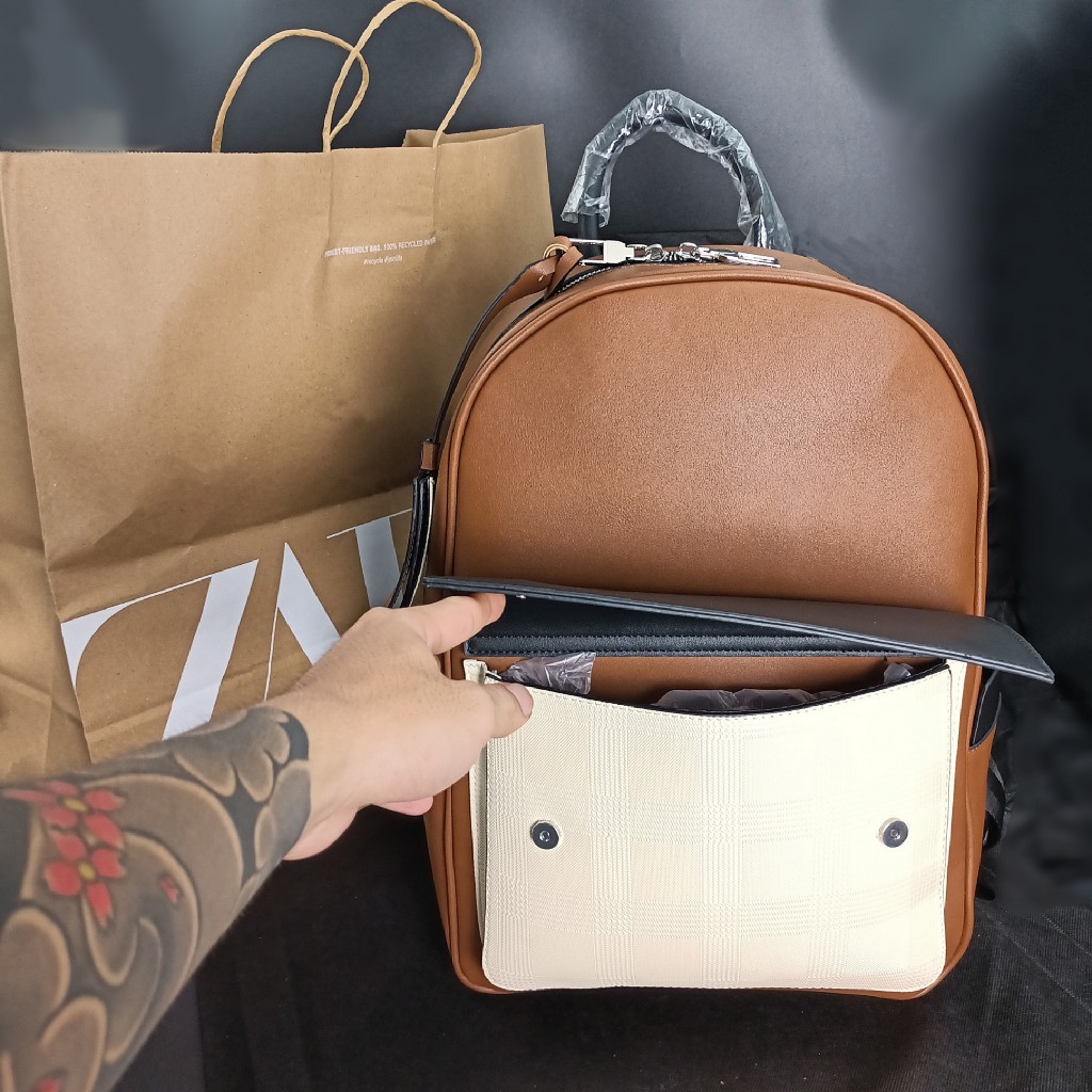Balo da nam unisex Zara phom cứng màu nâu phối lạ mắt thời trang size to vừa laptop 16 inch