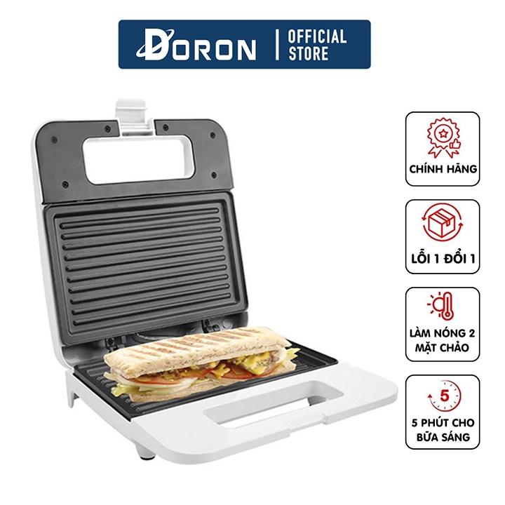 Máy kẹp bánh mì, máy nướng bánh mỳ DORON 750W gia nhiệt kép 2 mặt, chống dính telfon siêu bền