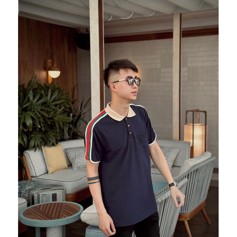 Áo polo xanh gc phối viền vai xanh đỏ hưởng đá,áo polo hưởng đá gc xanh viền vai đỏ bo chun đơn giản