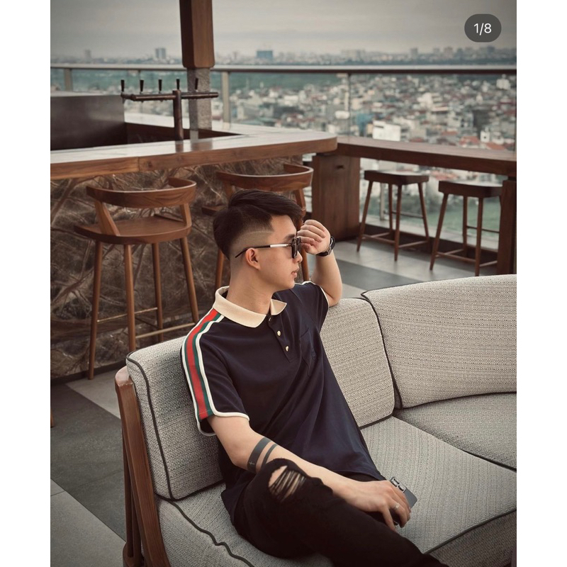 Áo polo xanh gc phối viền vai xanh đỏ hưởng đá,áo polo hưởng đá gc xanh viền vai đỏ bo chun đơn giản