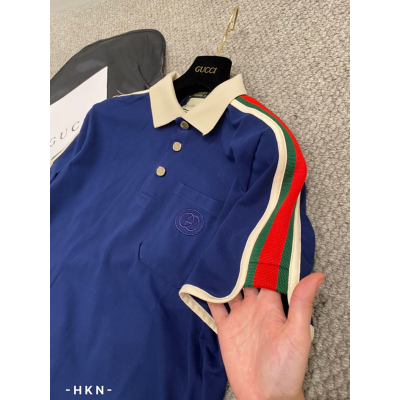 Áo polo xanh gc phối viền vai xanh đỏ hưởng đá,áo polo hưởng đá gc xanh viền vai đỏ bo chun đơn giản