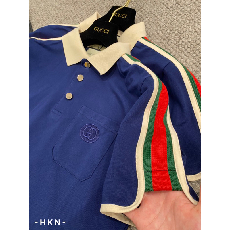 Áo polo xanh gc phối viền vai xanh đỏ hưởng đá,áo polo hưởng đá gc xanh viền vai đỏ bo chun đơn giản